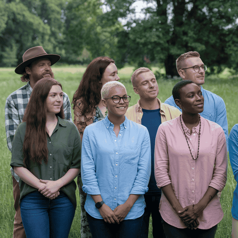 A diverse group of individuals standing together, representing community support and safety.