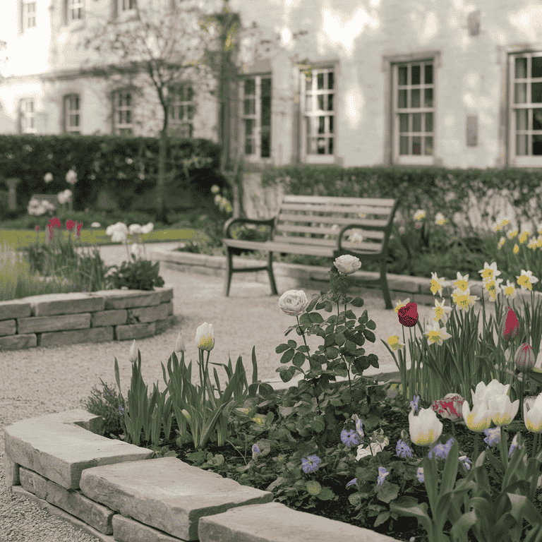 A tranquil garden with a bench, representing the peace of mind provided by a living trust.