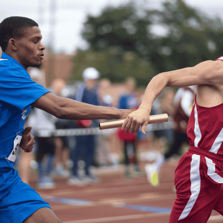 Two runners exchanging a baton during a relay race, representing business succession