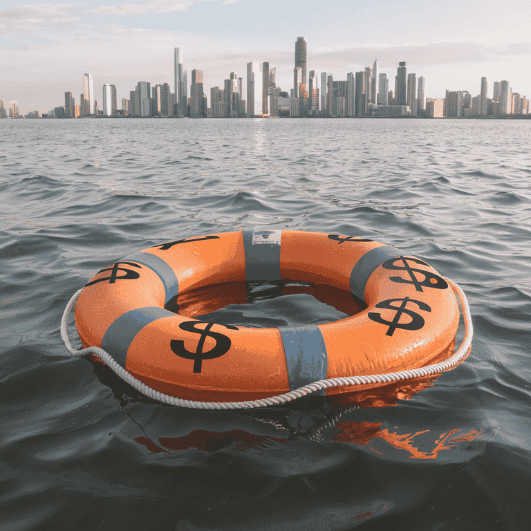 Life preserver ring with dollar symbols floating on water surface 