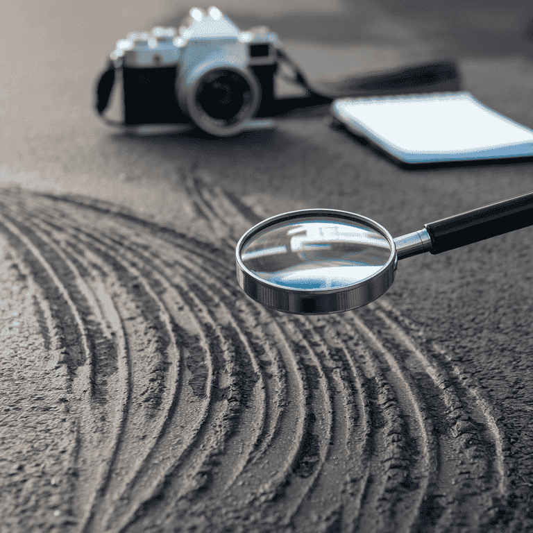 Magnifying glass examining skid marks, with investigation tools nearby