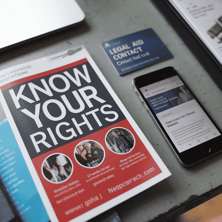 Close-up of a 'Know Your Rights' pamphlet, legal aid contact card, and a smartphone, representing what to do if caught shoplifting in Nevada.