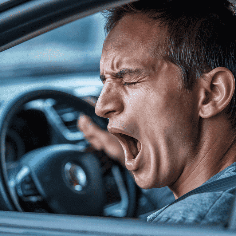 Exhausted driver yawning while driving, demonstrating the dangers of drowsy driving.