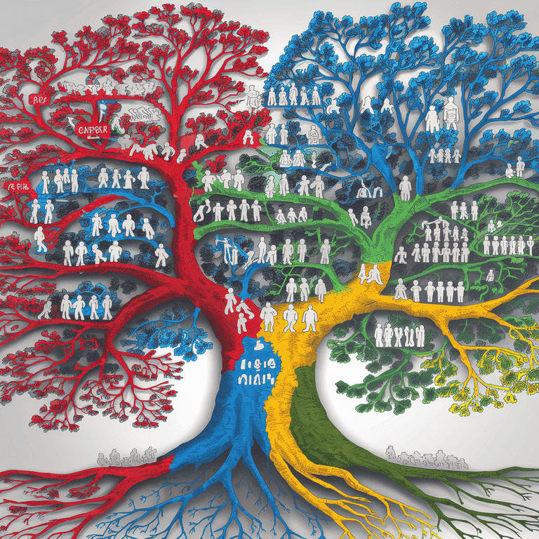 Complex family tree diagram illustrating diverse family dynamics and issues