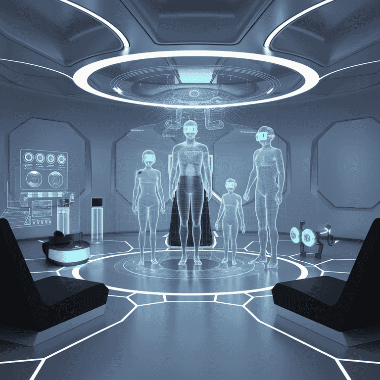 Futuristic therapy room with VR headsets and holographic family figures for advanced parental alienation treatment