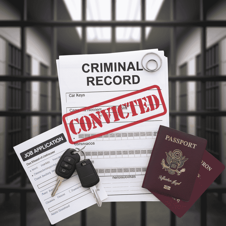 Criminal record document stamped with 'Convicted,' accompanied by car keys, a job application, and a passport, representing the impact of shoplifting convictions on your record.