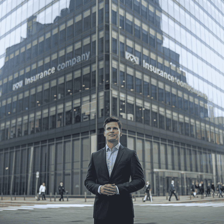 Experienced lawyer standing confidently outside insurance company headquarters