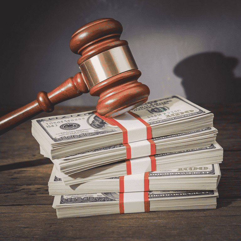 Stack of dollar bills with a judge's gavel, symbolizing legal compensation