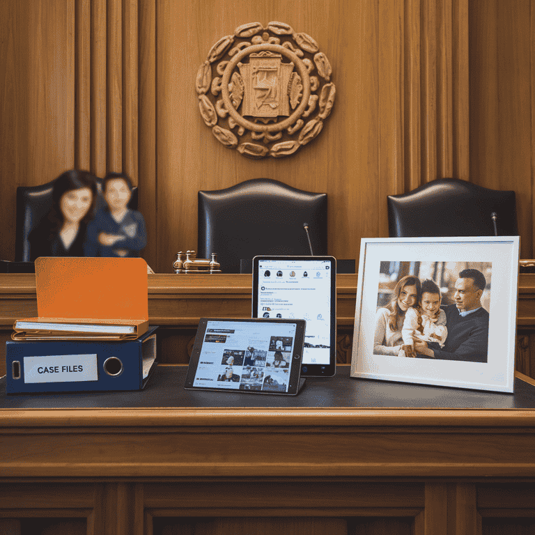 Judge's bench with case files, tablet showing social media, and altered family photo representing evidence in parental alienation cases