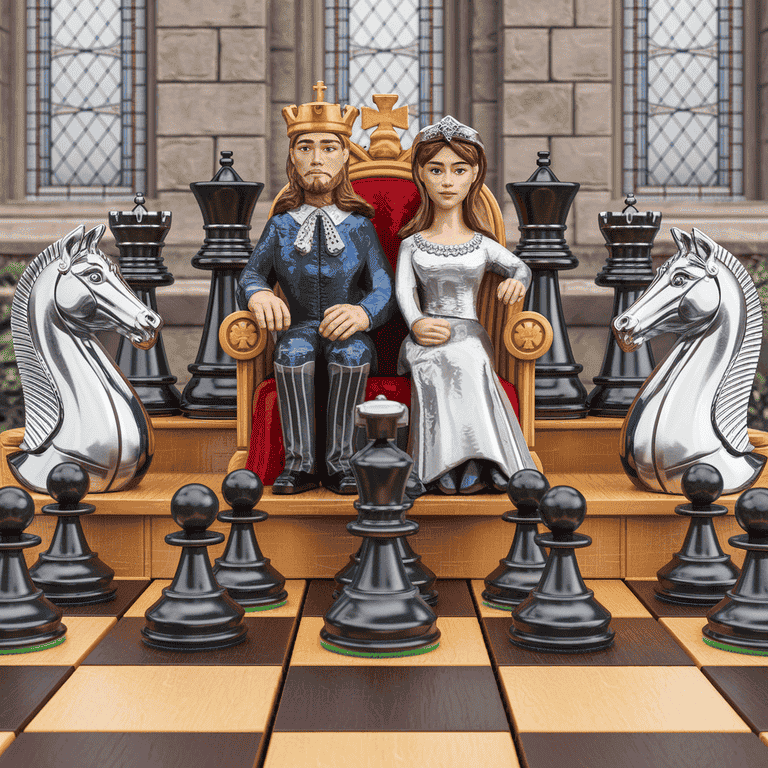 Chess board with family-themed pieces representing strategic prevention of parental alienation