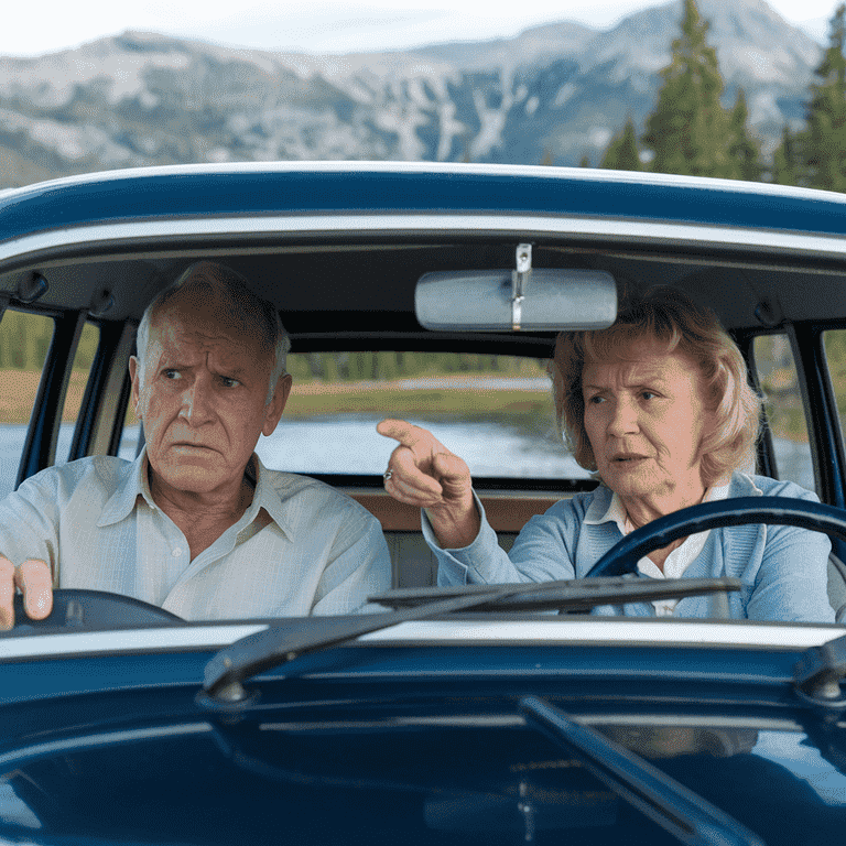 Elderly couple in a car, demonstrating the challenges faced by older drivers.