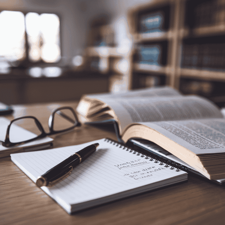 Close-up of legal defense tools including law books, eyeglasses, and a notepad with a pen on a desk, representing preparation for defending against shoplifting charges in Nevada.