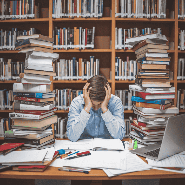 Student overwhelmed by schoolwork at desk