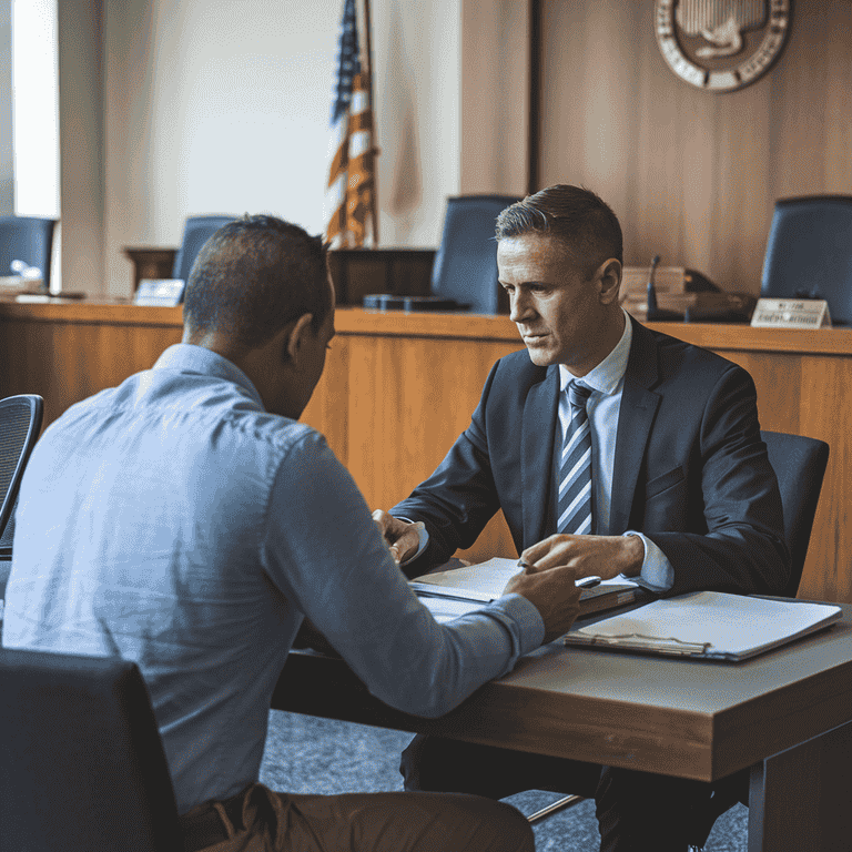 A defense lawyer and client discussing legal strategies in preparation for a trial.