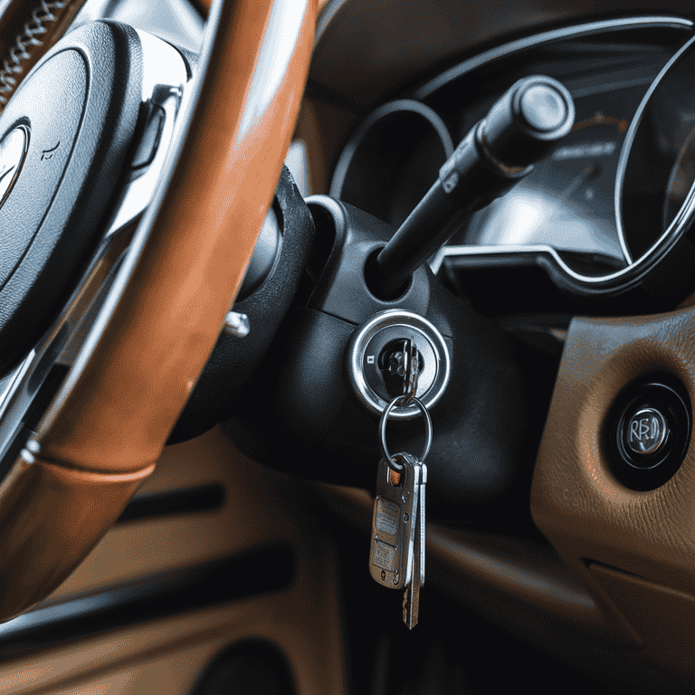 Close-up of a car ignition and steering wheel, symbolizing the vehicle central to a Grand Theft Auto case.