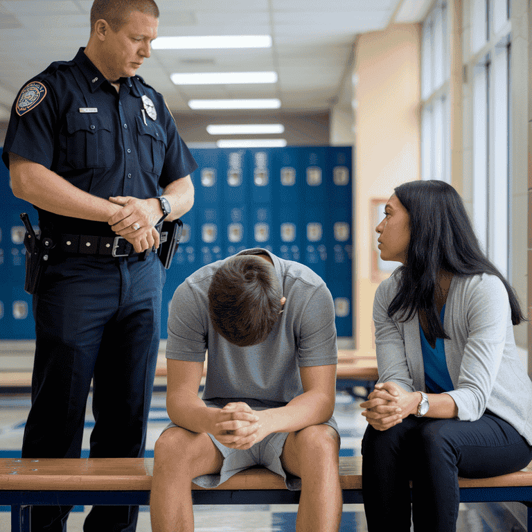 Police officer and counselor speaking with student