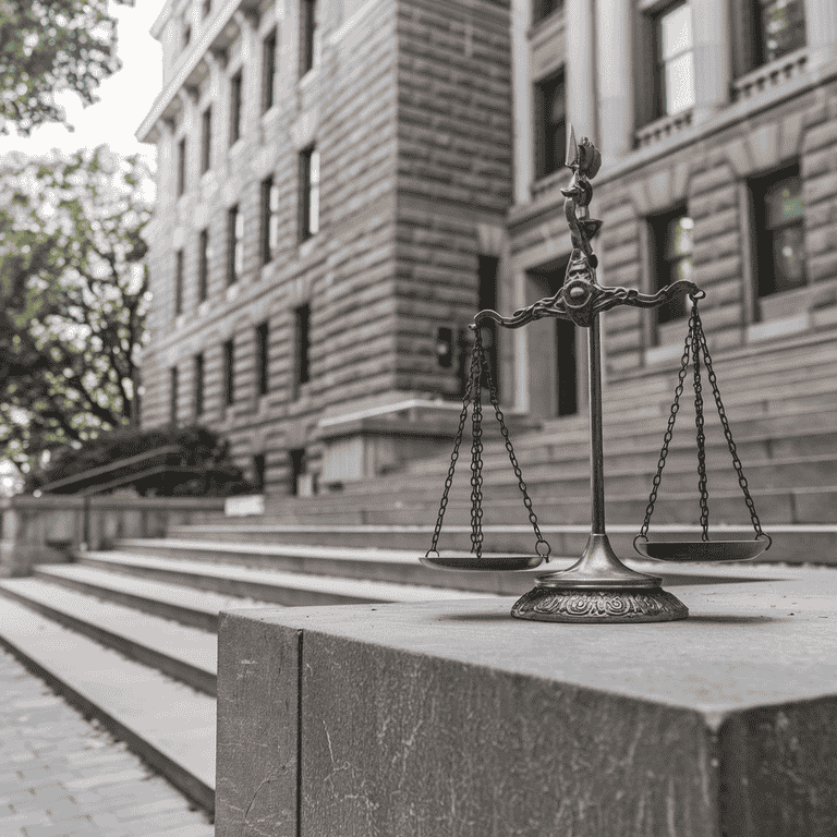 The scales of justice in front of a courthouse, representing the serious consequences of a sex offender registration violation conviction.