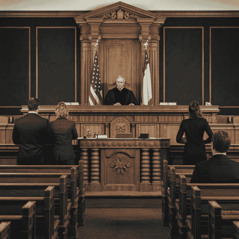 A gavel resting on a judge’s bench in a courtroom, representing the legal consequences of a date rape conviction.