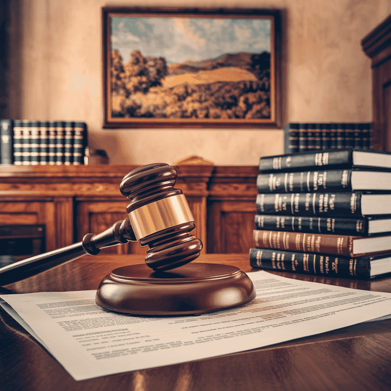 A courtroom gavel resting on top of legal documents, representing criminal penalties and law enforcement.