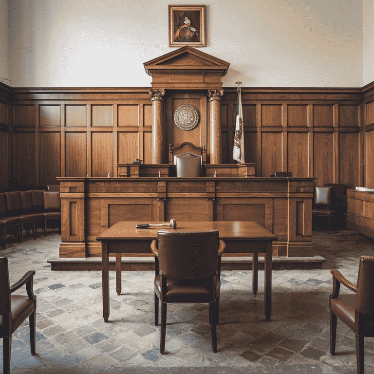 A courtroom scene with an empty witness stand and a gavel on the judge's bench