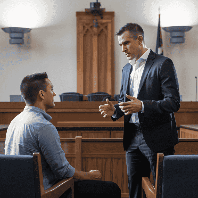 A legal professional consulting with a client in a courtroom setting, representing the attorney-client relationship in false imprisonment cases.