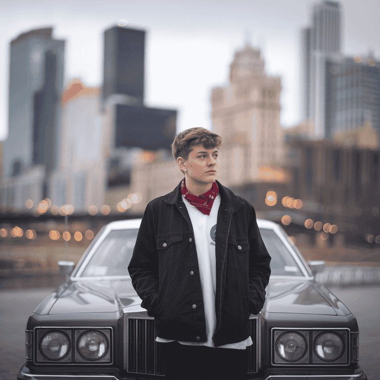 Person standing near a car with a blurred cityscape background, contemplating their future.