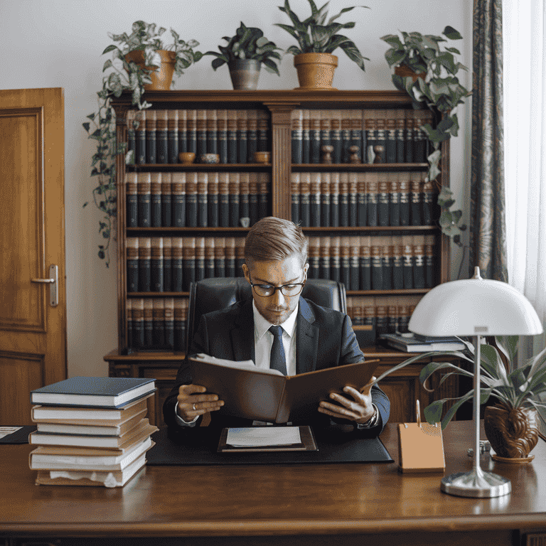 A gang crimes lawyer carefully analyzing case files in an office environment.