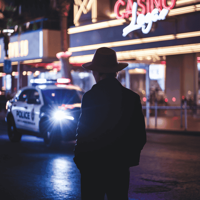 Silhouette of a person standing in front of a police car on a Las Vegas street with flashing lights.