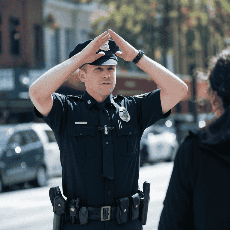 A police officer speaking with a civilian on a Las Vegas street during a tense interaction.