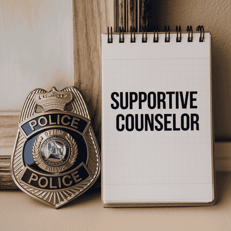  Police badge alongside a counselor's notepad, representing the dual role of law enforcement in spousal rape cases