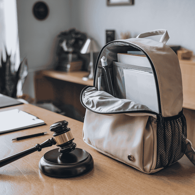 Gavel and school backpack on judge's desk