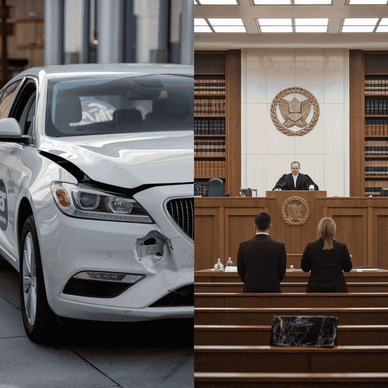 Lyft accident scene and courtroom connected by scales of justice