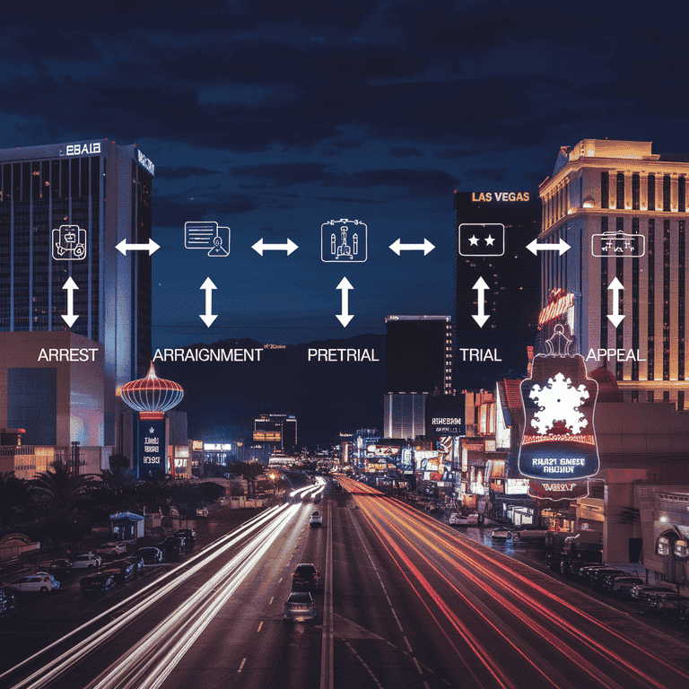 Legal process flow chart over Las Vegas Strip background