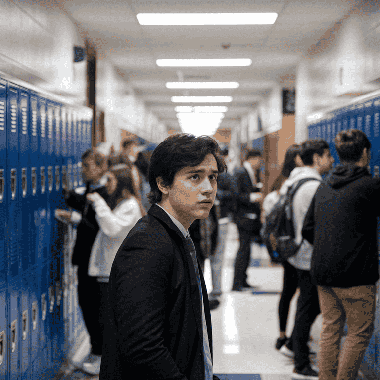 Lonely student in busy school hallway