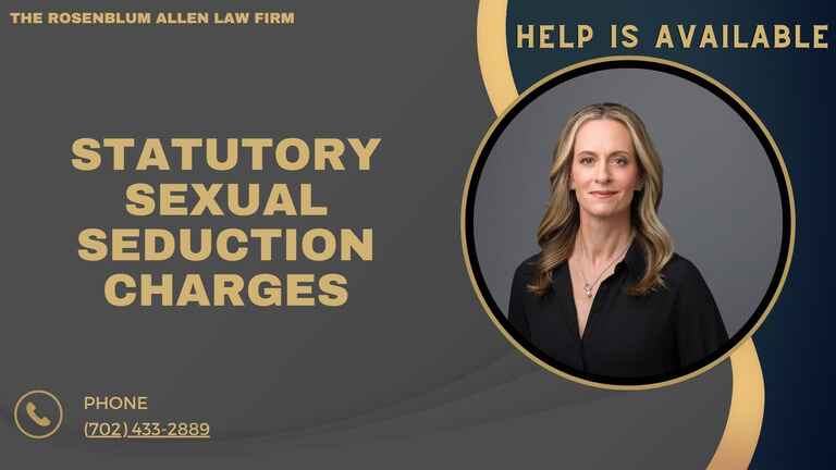 A banner from The Rosenblum Allen Law Firm featuring a headshot of a woman with the text 'Statutory Sexual Seduction Charges.' The design also includes a phone icon and the contact number: (702) 433-2889. The phrase 'Help is Available' is displayed prominently at the top right. The color scheme includes dark gray, gold, and blue tones.