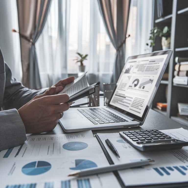 A person analyzing financial documents and reports on a laptop, representing the breakdown of money laundering transactions.