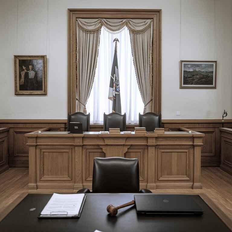 Courtroom with judge’s bench and legal documents, illustrating the breakdown of obstruction charges.