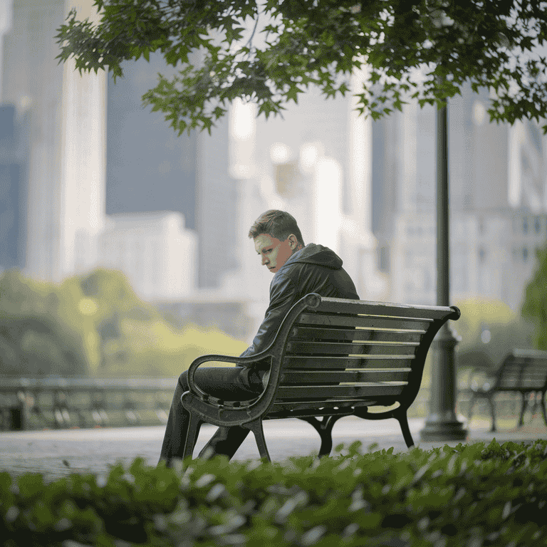 A worried individual sitting alone in a cityscape background, representing the emotional impact of a violation of protective order.