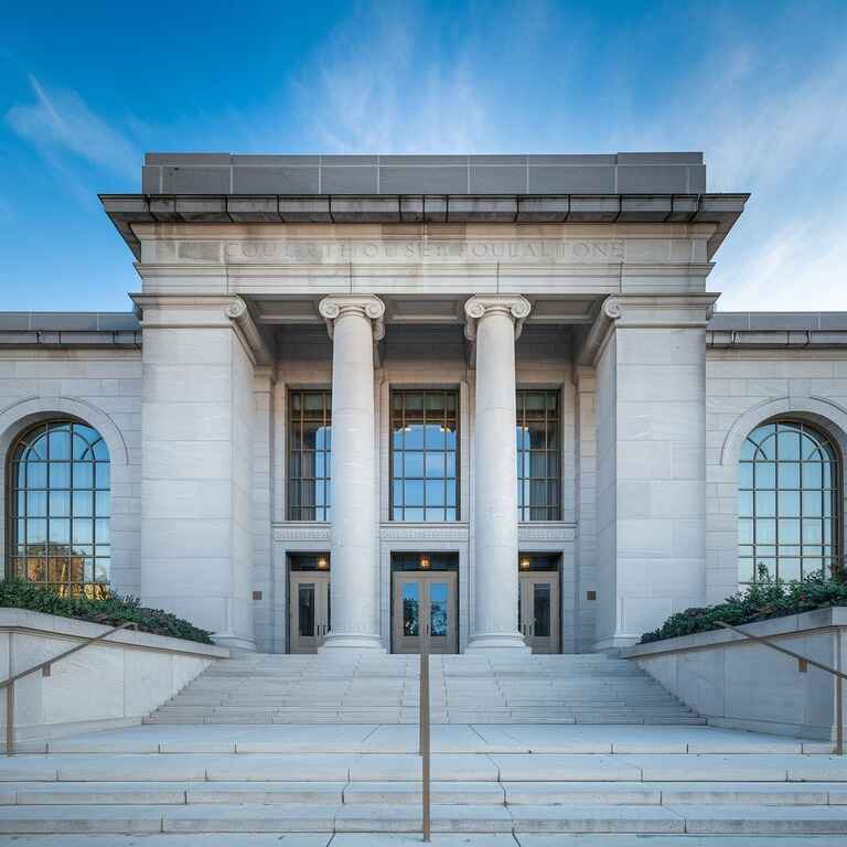 The exterior of a courthouse building, representing the start of the criminal justice process in sexual assault cases.