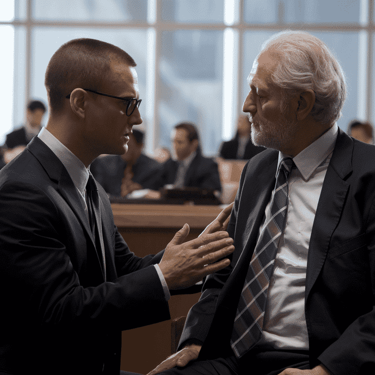 A defense attorney and client discussing legal strategy in a courtroom setting.