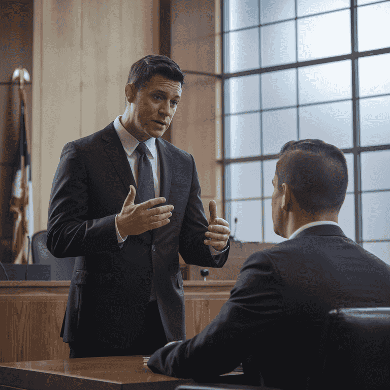 Defense attorney consulting with a client in a courtroom.