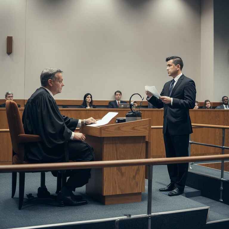 A courtroom scene showing a defense attorney presenting evidence to a judge, symbolizing legal defenses against possession of burglary tools charges.