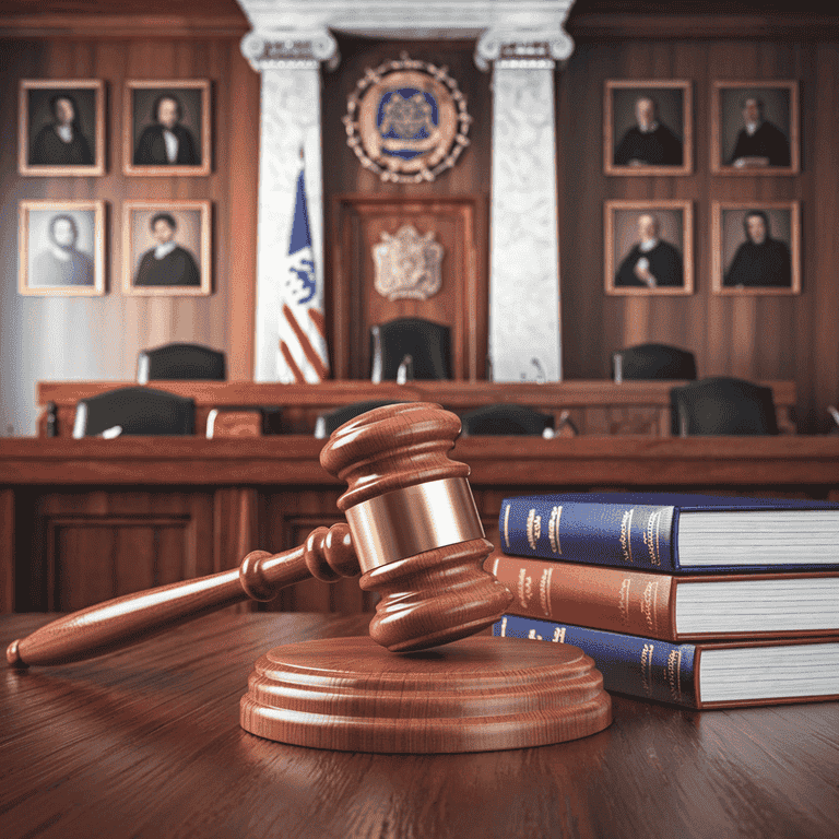 A courtroom with a gavel and legal books, symbolizing the legal defenses against bank fraud charges.