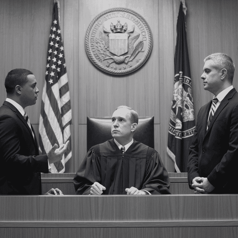 A courtroom setting showing a judge presiding over a case, with attorneys present, symbolizing the legal elements of battery with a deadly weapon.