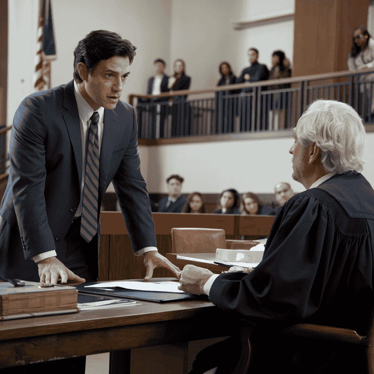 Defense attorney presenting arguments in a courtroom during a DUI trial.