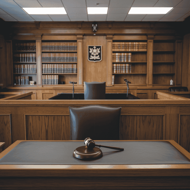 A view of a courtroom with a judge's gavel and legal books, symbolizing the legal process related to extortion charges.