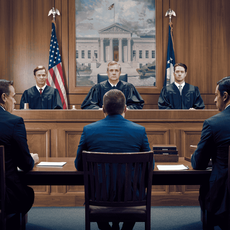 A courtroom setting with legal professionals during a trial involving serious criminal charges.