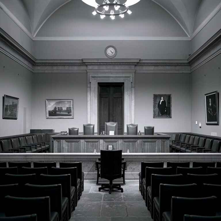 Empty courtroom with a judge's bench and rows of empty seats, symbolizing the gravity of legal penalties.