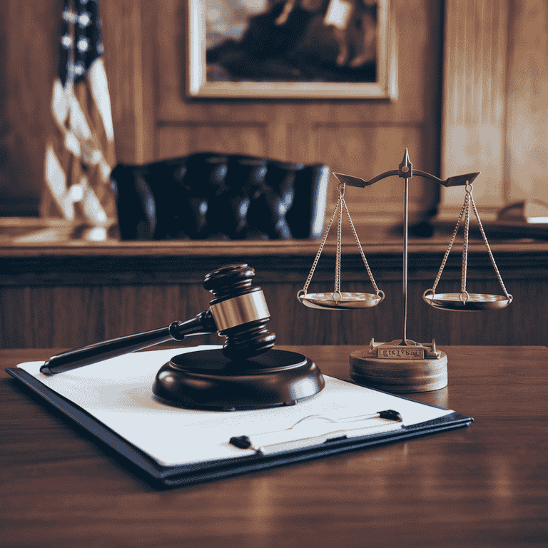 A courtroom with a gavel, scales of justice, and a protective order document, symbolizing legal proceedings.