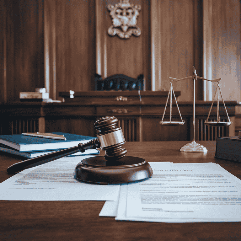 A courtroom with a judge’s gavel and scales of justice symbolizing legal proceedings in fraud cases.